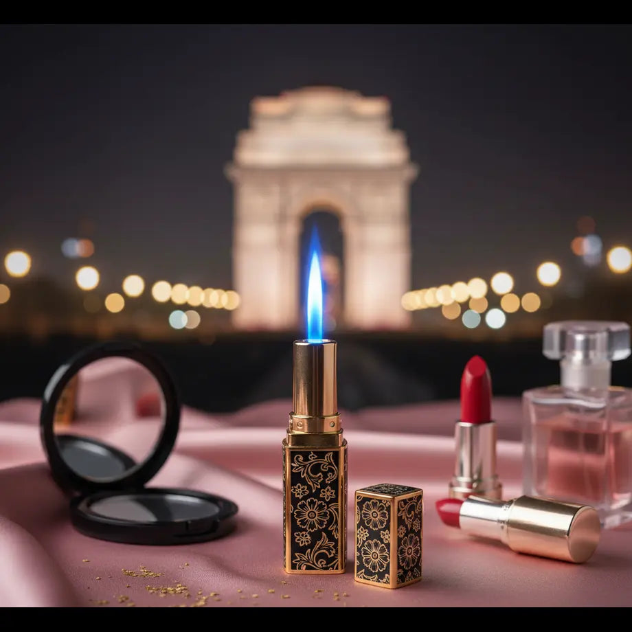 Elegant black and gold lipstick lighter with a blue windproof flame ignited, set on a pink satin cloth with makeup items and a blurred background of the illuminated India Gate at night.