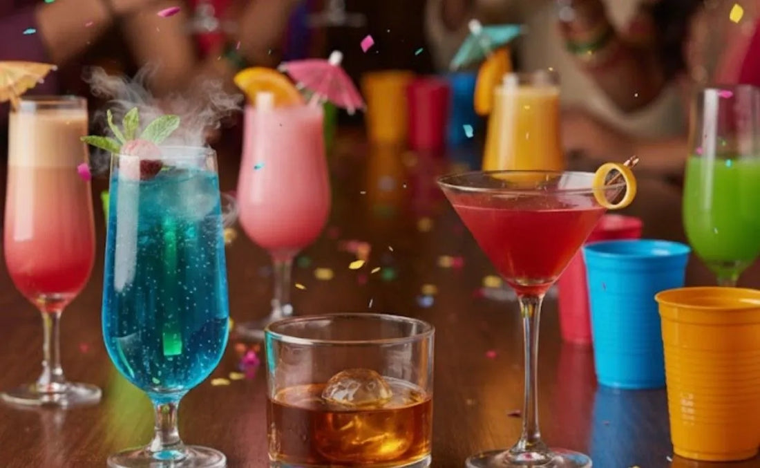 Indian house party setup with premium cocktail glasses, whisky glass, mocktails, and festive bar drinkware | NTH