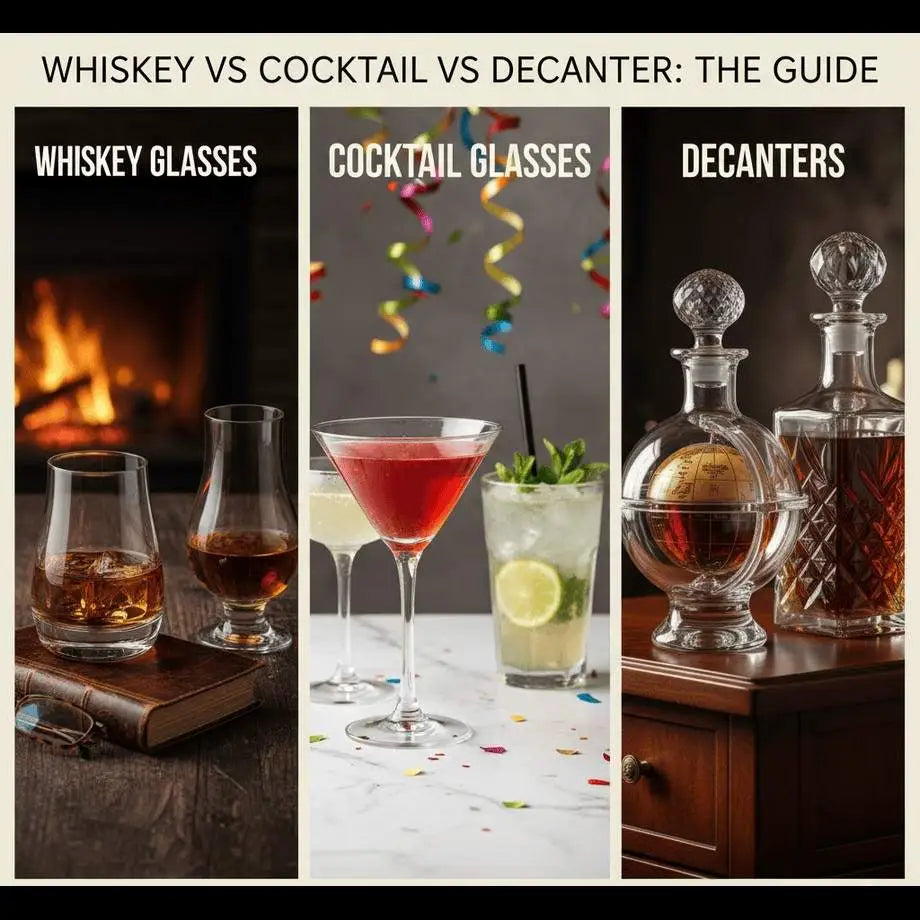Whiskey glasses, cocktail glasses, and decanters comparison graphic.
