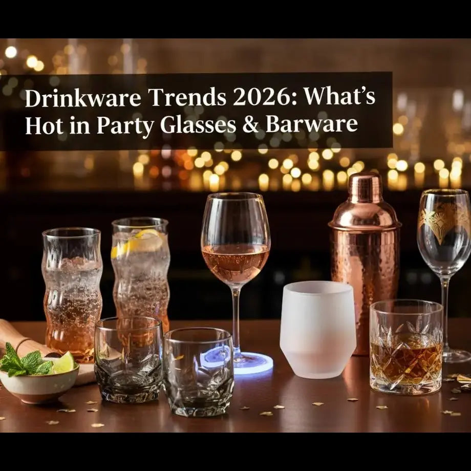 Stylish party glasses and barware on a wooden bar with fairy lights, showcasing modern drinkware trends for 2026.